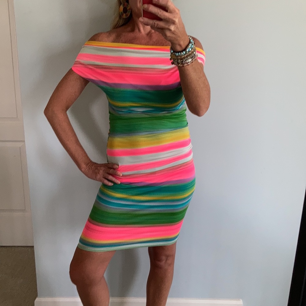 Striped, Draped Neck Fitted Dress - Picture 6 of 16